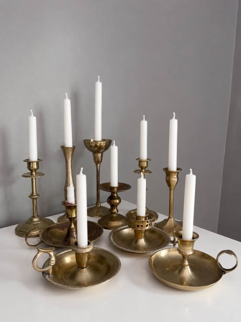Vintage Brass Set of Ten Candlestick Holders Assorted Chambersticks Lot
